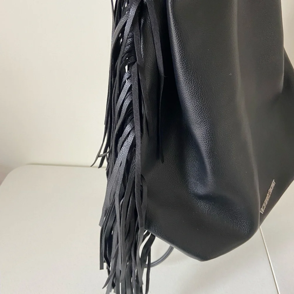NEW Victoria’s Secret faux‎ leather black fringe tassel backpack purse bag